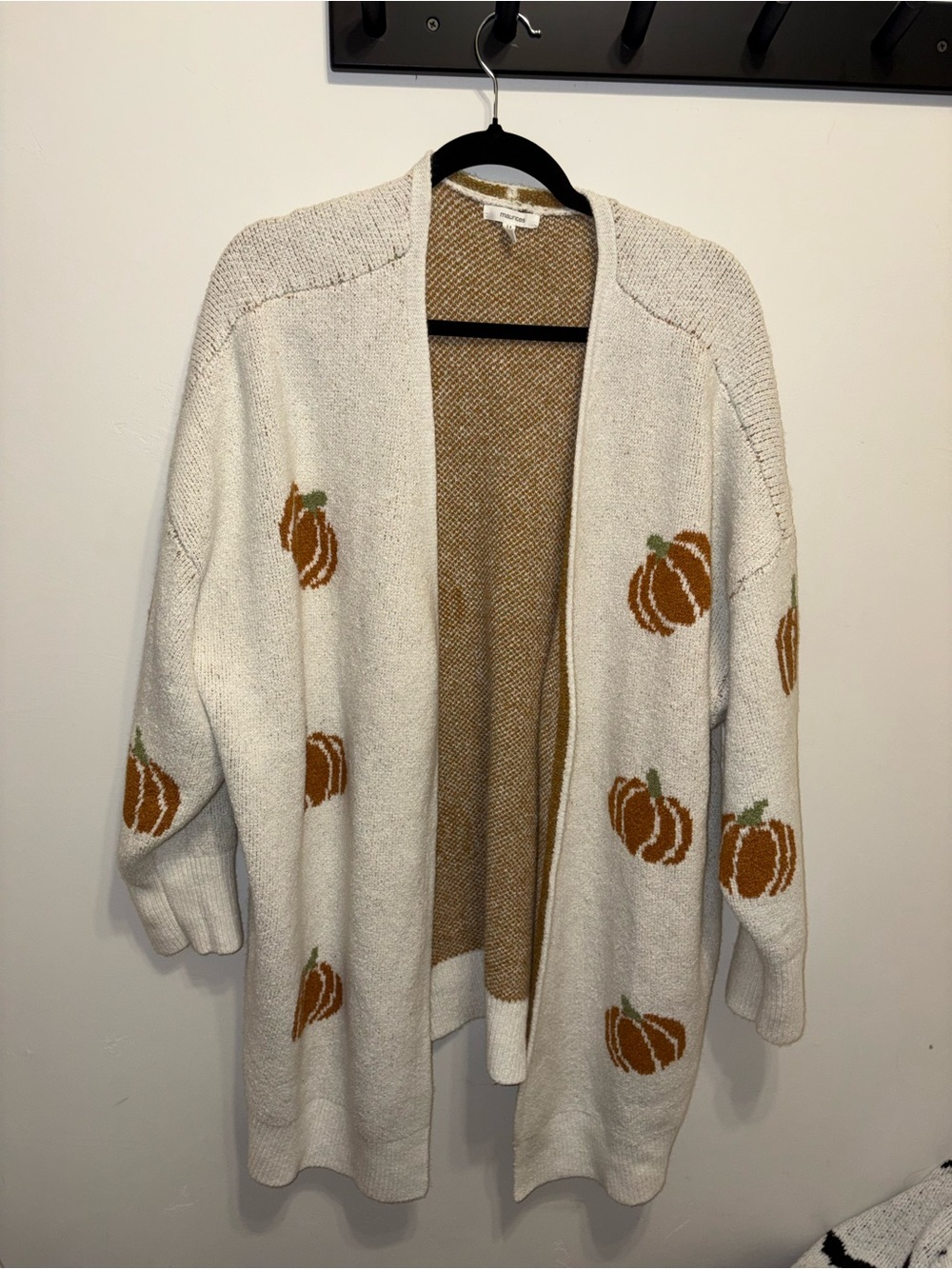 Maurices Cream Open-Front Cardigan with Pumpkin Motif
